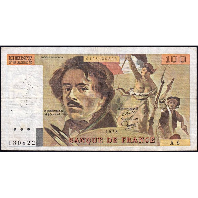 F 69-01d - 1978 - 100 francs - Delacroix - Série A.6 - Etat : TB-