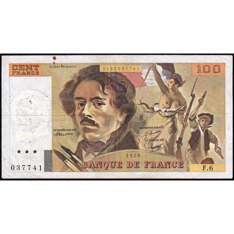 F 69-01d - 1978 - 100 francs - Delacroix - Série F.6 - Etat : TB-