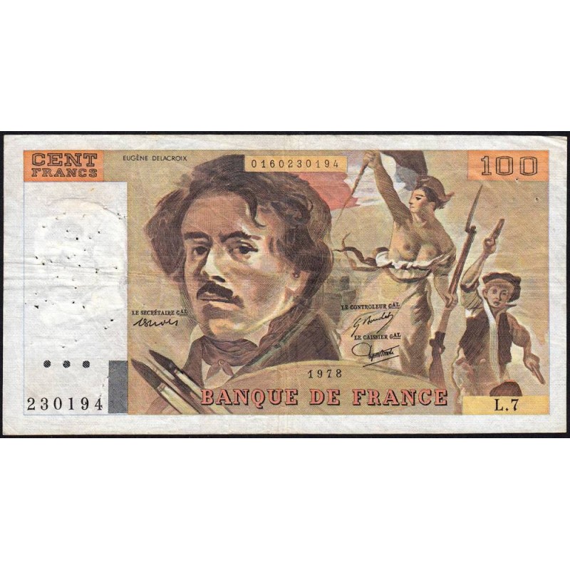 F 69-01d - 1978 - 100 francs - Delacroix - Série L.7 - Etat : TB-