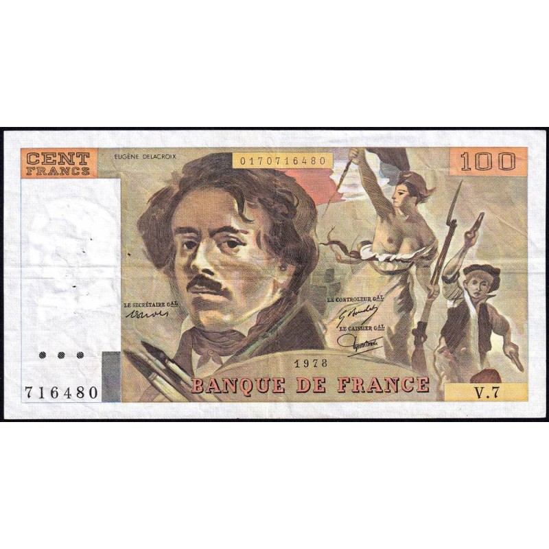 F 69-01d - 1978 - 100 francs - Delacroix - Série V.7 - Etat : TB+