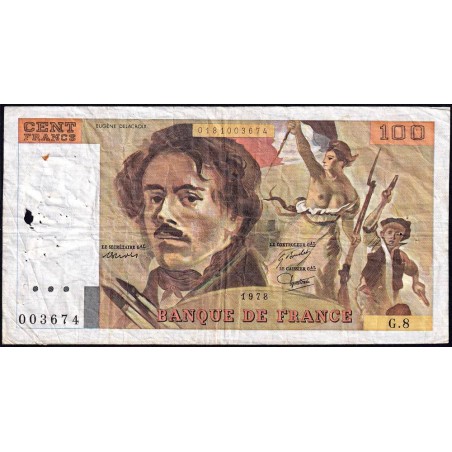 F 69-01e - 1978 - 100 francs - Delacroix - Série G.8 - Etat : B+