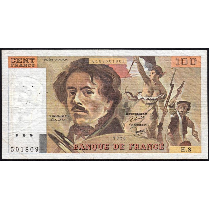 F 69-01e - 1978 - 100 francs - Delacroix - Série H.8 - Etat : TB-