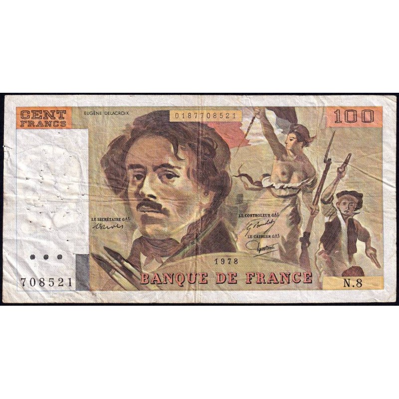 F 69-01e - 1978 - 100 francs - Delacroix - Série N.8 - Etat : TB-