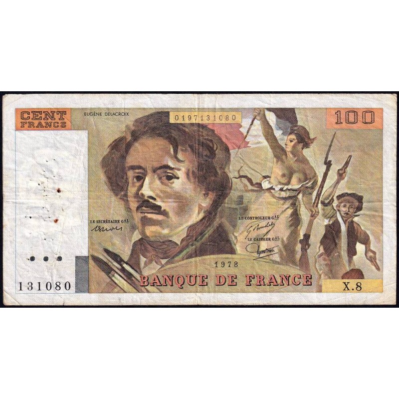 F 69-01e - 1978 - 100 francs - Delacroix - Série X.8 - Etat : TB-