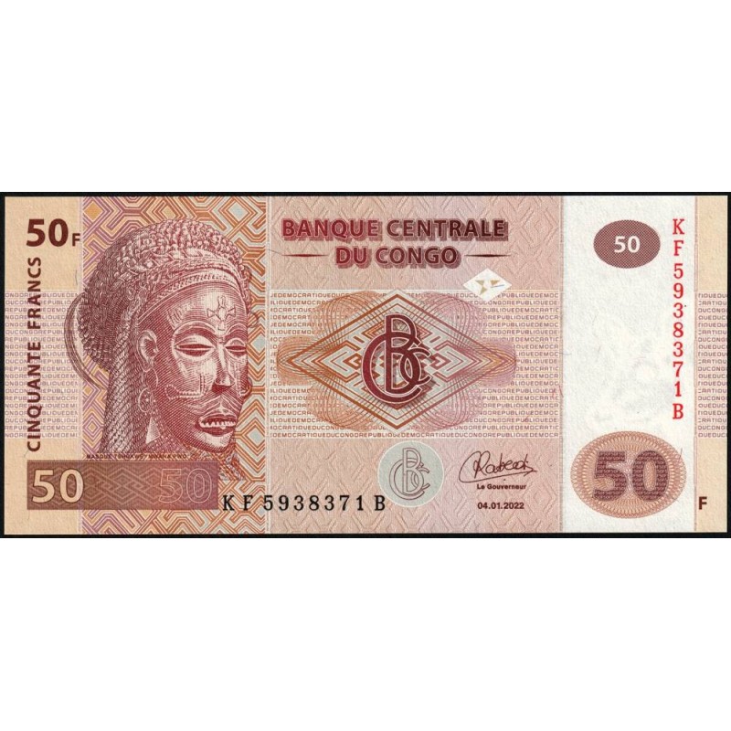 Rép. Démocr. du Congo - Pick 97B - 50 francs - Série KF B - 04/01/2022 - Etat : NEUF