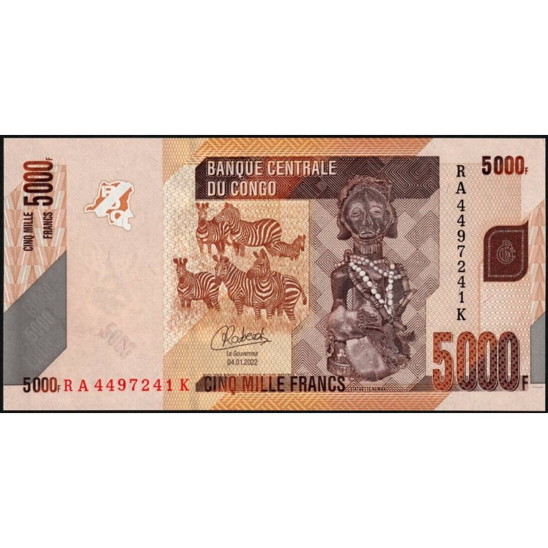 Rép. Démocr. du Congo - Pick 102d_2 - 5'000 francs - Série RA K - 04/01/2022 - Etat : NEUF