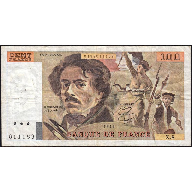 F 69-01f - 1978 - 100 francs - Delacroix - Série Z.8 - Etat : TB-
