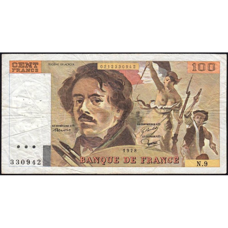F 69-01g - 1978 - 100 francs - Delacroix - Série N.9 - Etat : TB-