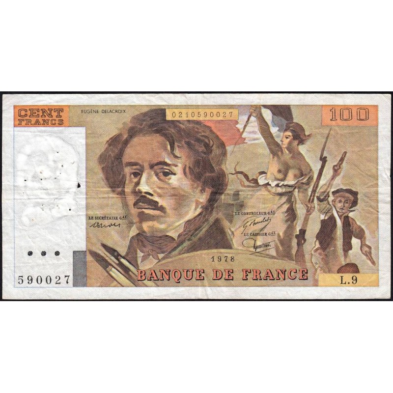 F 69-01h - 1978 - 100 francs - Delacroix - Série L.9 - Etat : TB