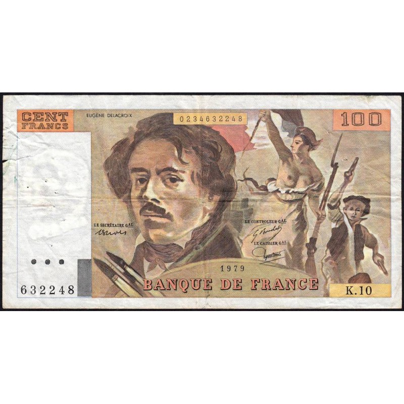 F 69-02a - 1979 - 100 francs - Delacroix - Série K.10 - Etat : TB-