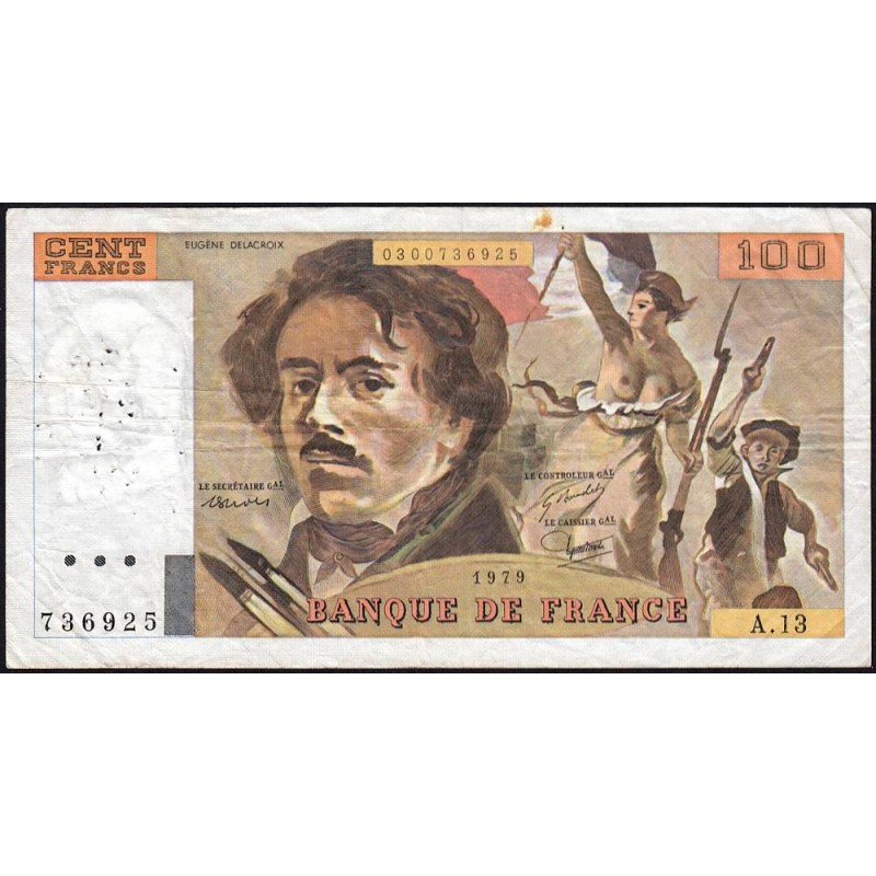 F 69-02c - 1979 - 100 francs - Delacroix - Série A.13 - Etat : TB