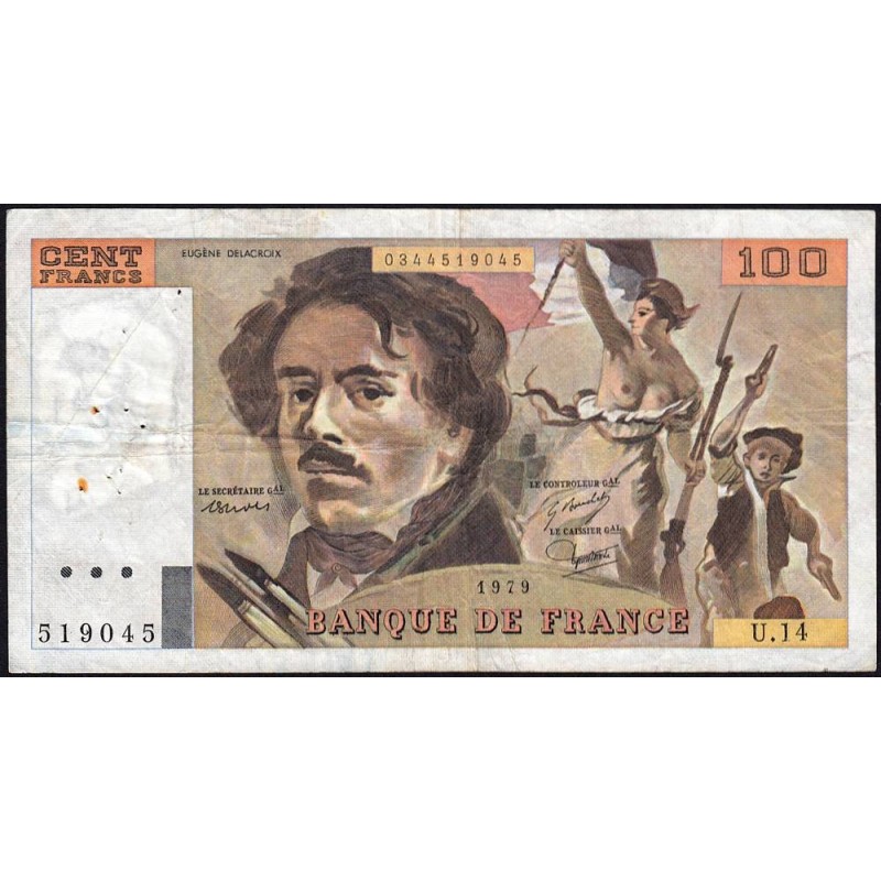 F 69-02c - 1979 - 100 francs - Delacroix - Série U.14 - Etat : TB-