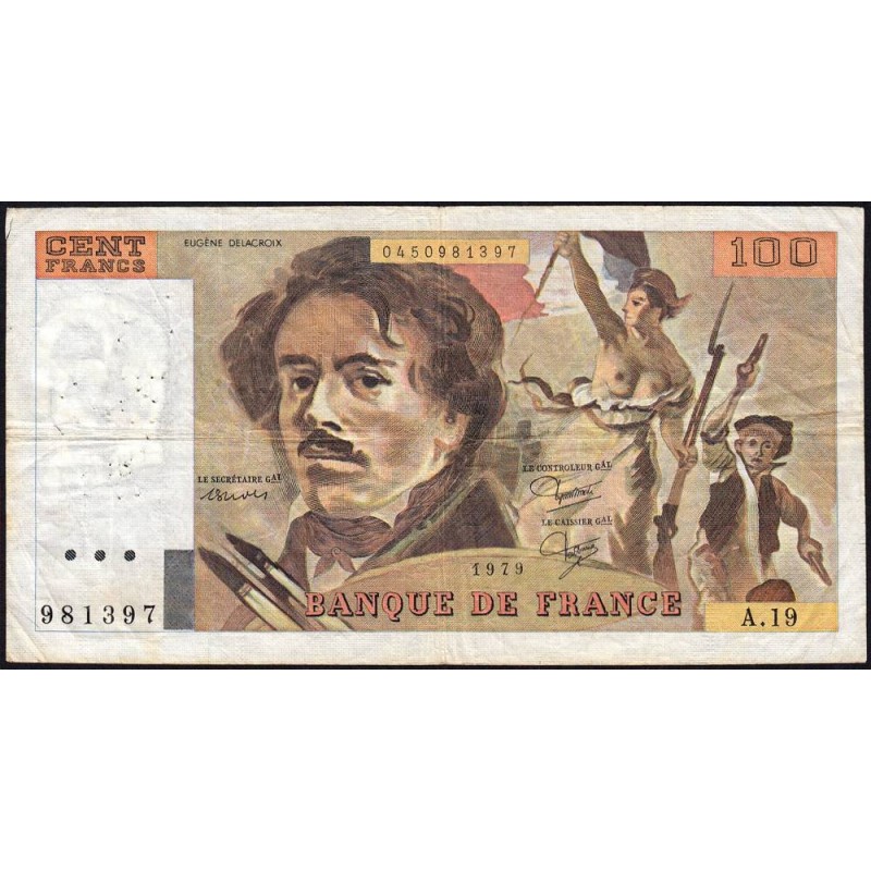 F 69-03 - 1979 - 100 francs - Delacroix - Série A.19 - Etat : TB-