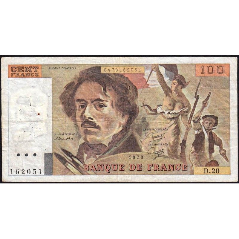 F 69-03 - 1979 - 100 francs - Delacroix - Série D.20 - Etat : TB-
