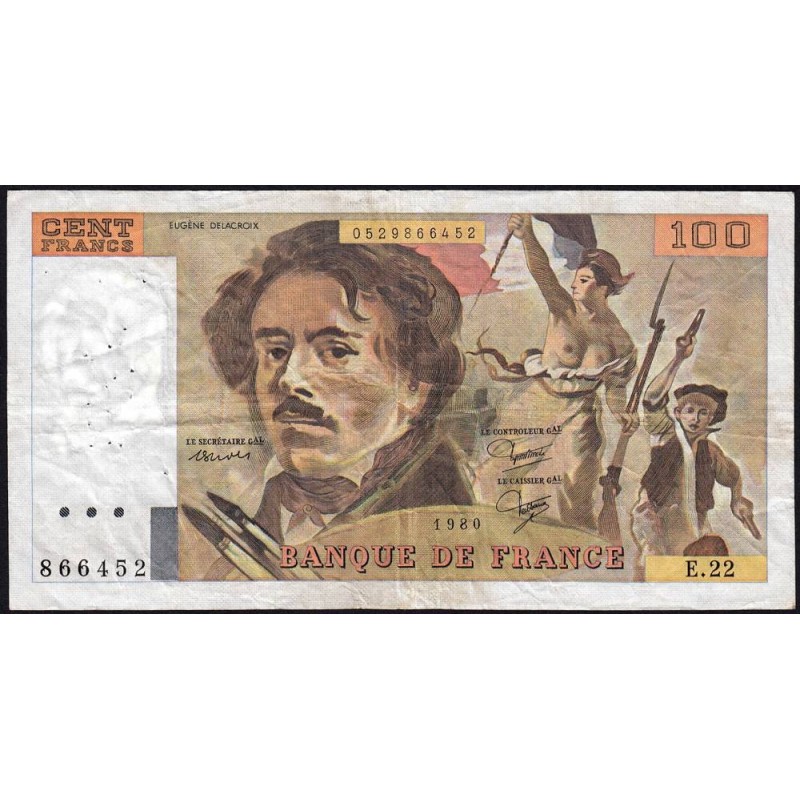 F 69-04a - 1980 - 100 francs - Delacroix - Série E.22 - Etat : TB