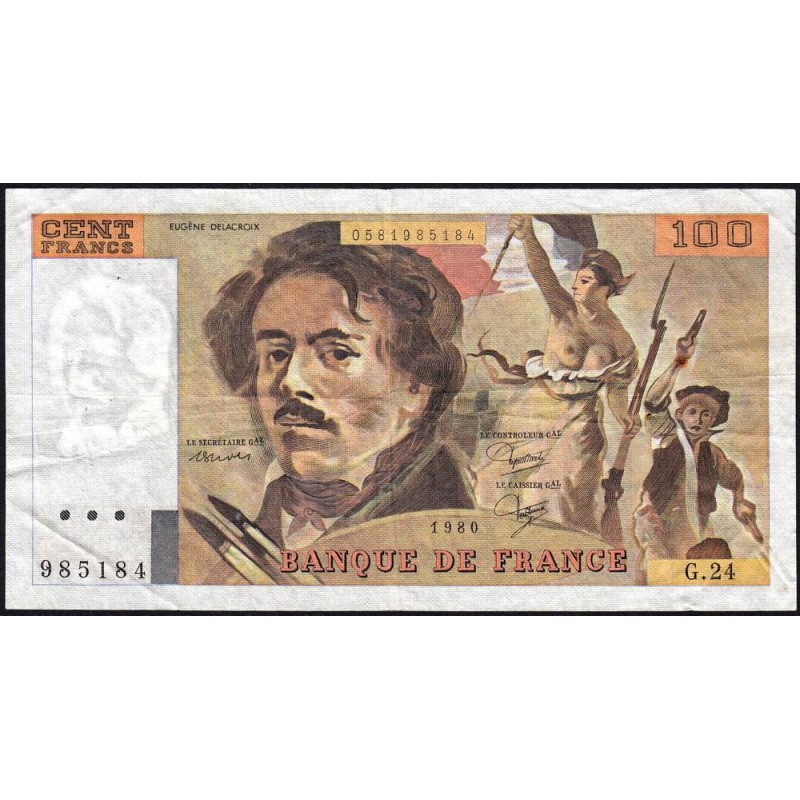 F 69-04a - 1980 - 100 francs - Delacroix - Série G.24 - Etat : TB