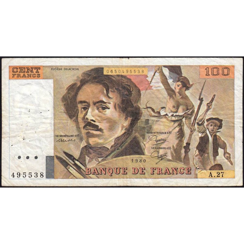 F 69-04a - 1980 - 100 francs - Delacroix - Série A.27 - Etat : TB-