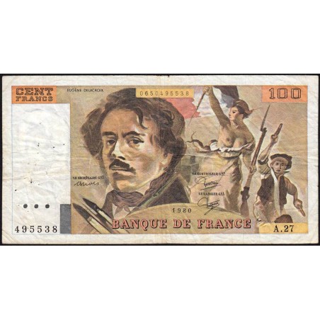 F 69-04a - 1980 - 100 francs - Delacroix - Série A.27 - Etat : TB-