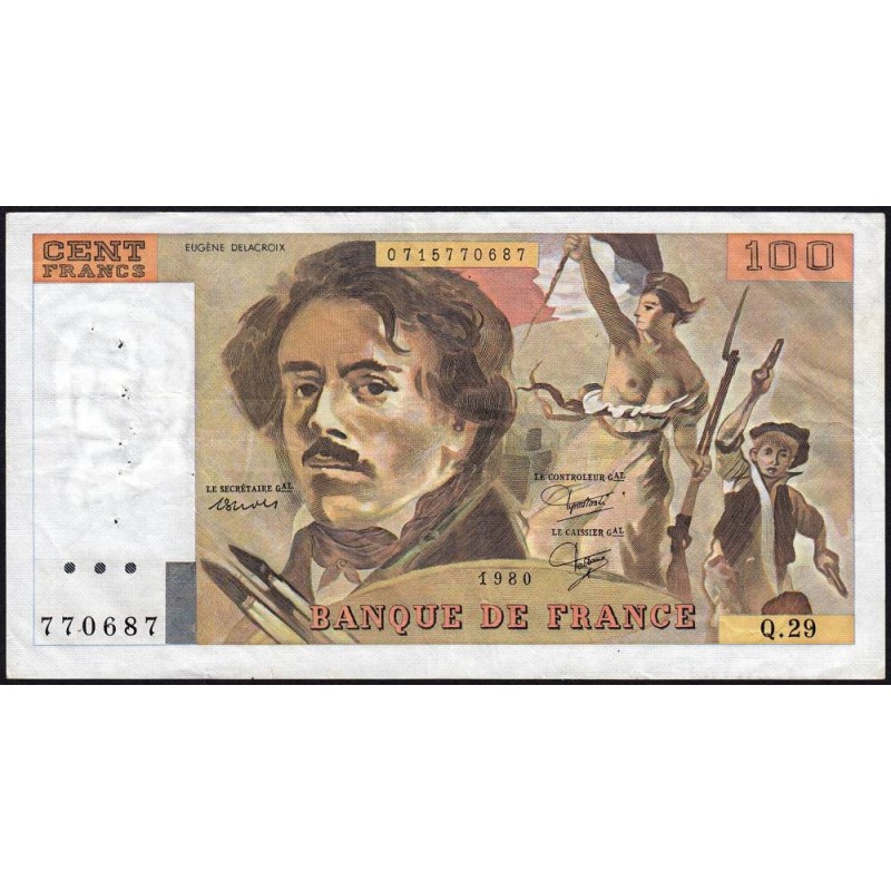 F 69-04a - 1980 - 100 francs - Delacroix - Série Q.29 - Etat : TTB