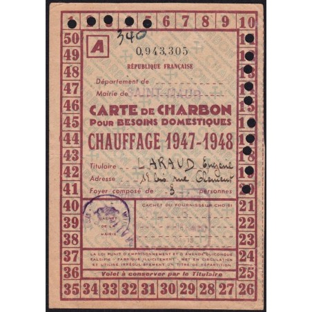 Chauffage - Charbon - Catégorie A - 1947 - Saint-Maur (94) - Etat : TTB+