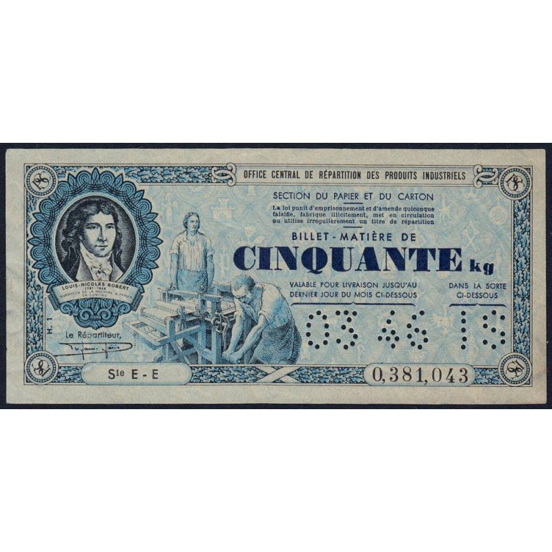 50 kg Papiers et cartons en l'état - 03/1946 - Code IS - Série EE - Etat : SUP+