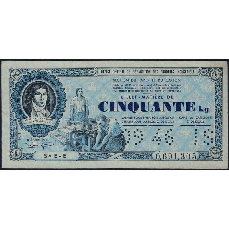 50 kg Papiers et cartons en l'état - 09/1946 - Code IS - Série EE - Etat : SUP+