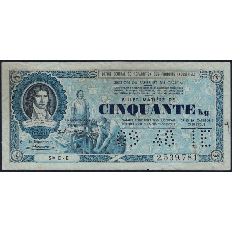 50 kg Papiers et cartons - 09/1948 - Code IE - Série EE - Etat : TB+