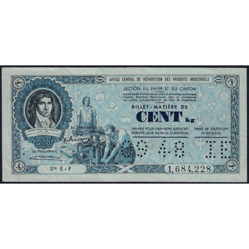 100 kg Papiers et cartons - 09/1948 - Code IE - Série EF - Etat : TTB
