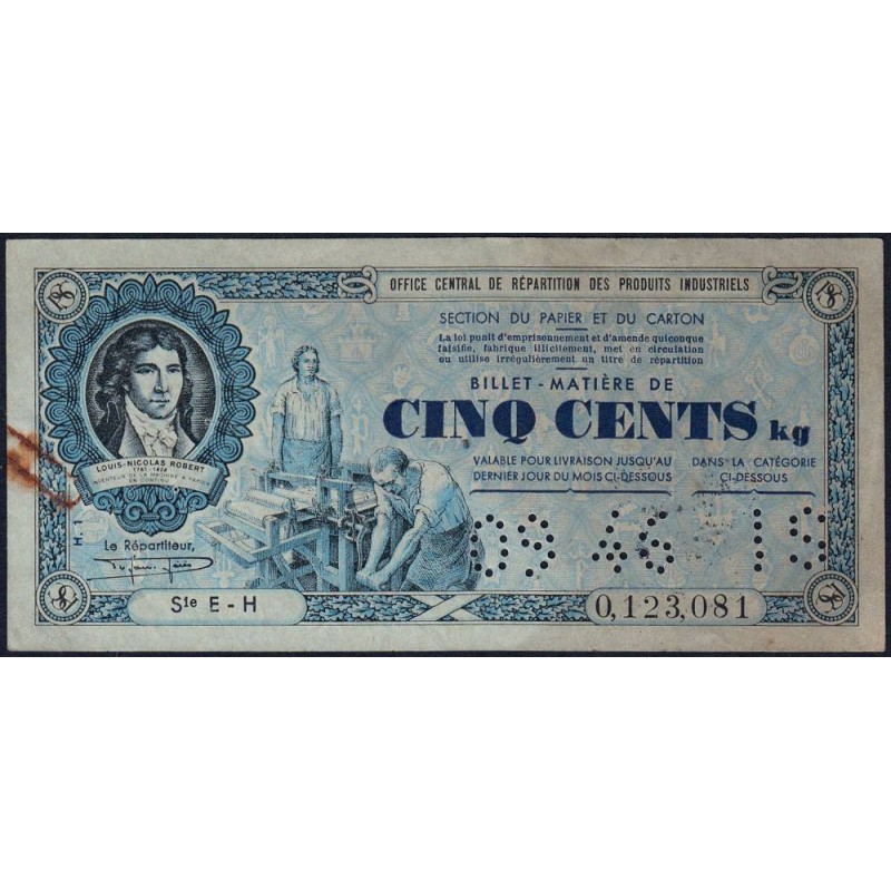 500 kg Papiers et cartons en l'état - 09/1946 - Code IS - Série EH - Ministère des Armées - Etat : TTB