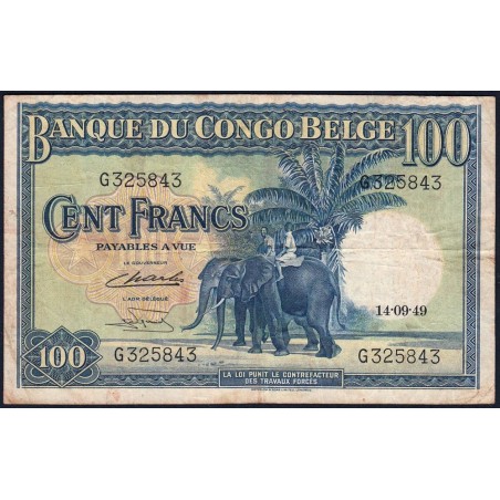 Congo Belge - Pick 17d_2 - 100 francs - Série G - 14/09/1949 - Etat : TB à TB+