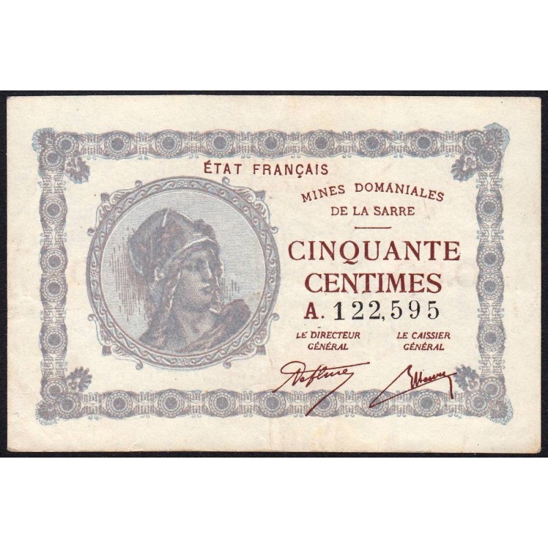 VF 50-01 - 50 centimes - Mines Domaniales de la Sarre - 1919 - Série A - Etat : TTB+ à SUP