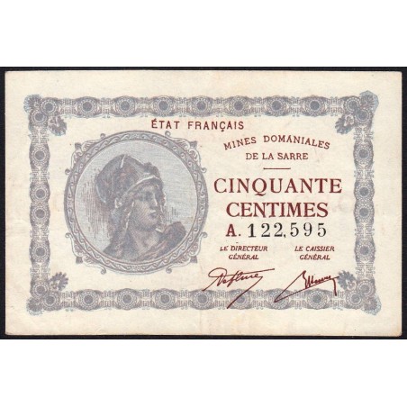 VF 50-01 - 50 centimes - Mines Domaniales de la Sarre - 1919 - Série A - Etat : TTB+ à SUP