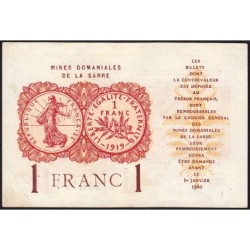 VF 51-01 - 1 franc - Mines Domaniales de la Sarre - 1919 - Série A - Etat : SUP à SUP+