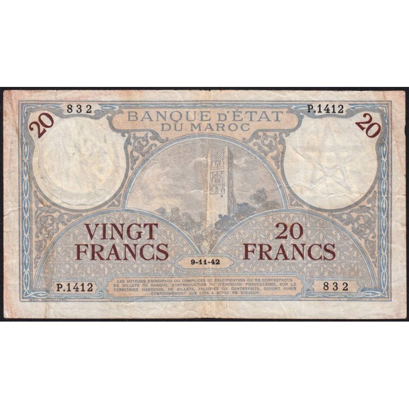 Maroc - Pick 18b_2 - 20 francs - Série P.1412 - 09/11/1942 - Etat : TB