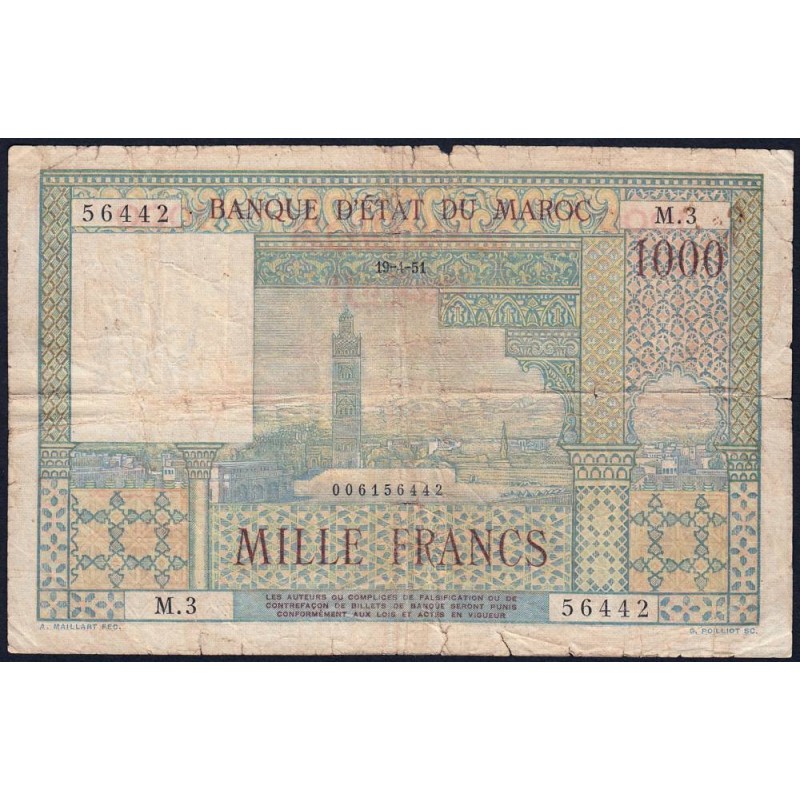 Maroc - Pick 47_1 - 1'000 francs - Série M.3 - 19/04/1951 - Etat : B