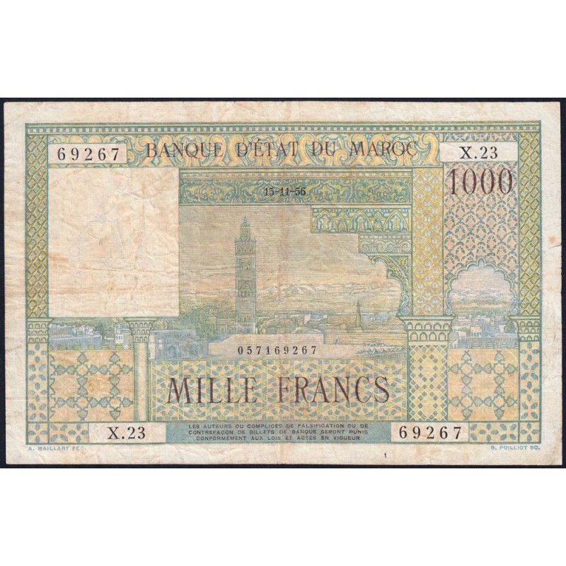 Maroc - Pick 47_2 - 1'000 francs - Série X.23 - 15/11/1956 - Etat : TB à TB+