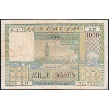 Maroc - Pick 47_2 - 1'000 francs - Série X.23 - 15/11/1956 - Etat : TB à TB+