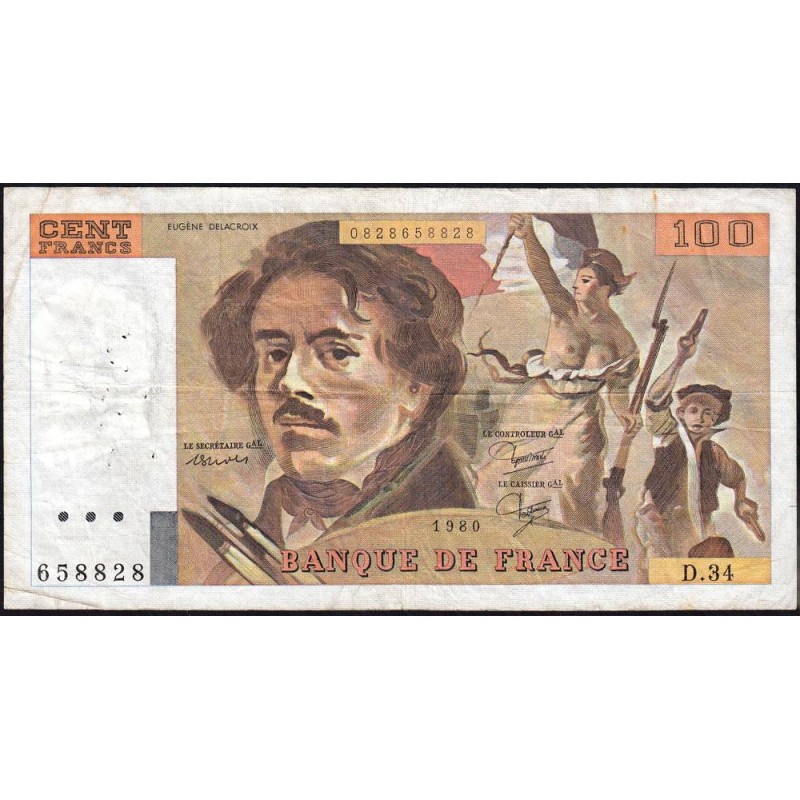 F 69-04b - 1980 - 100 francs - Delacroix - Série D.34 - Etat : TB-