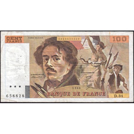 F 69-04b - 1980 - 100 francs - Delacroix - Série D.34 - Etat : TB-