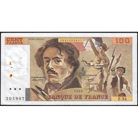F 69-04b - 1980 - 100 francs - Delacroix - Série F.34 - Etat : TB