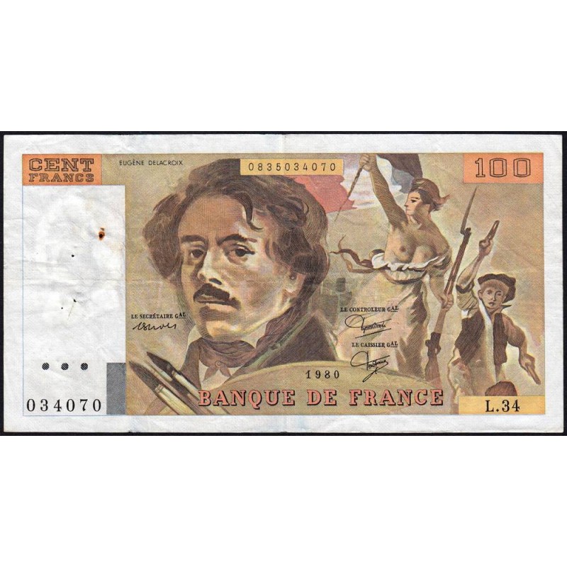F 69-04b - 1980 - 100 francs - Delacroix - Série L.34 - Etat : TB+