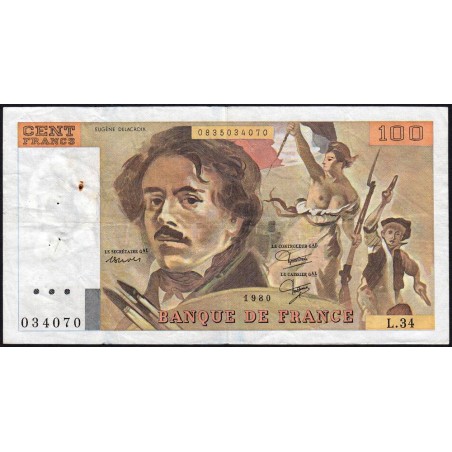 F 69-04b - 1980 - 100 francs - Delacroix - Série L.34 - Etat : TB+