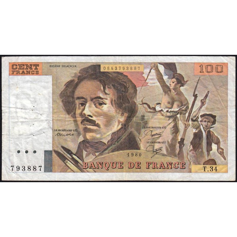 F 69-04b - 1980 - 100 francs - Delacroix - Série T.34 - Etat : TB