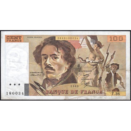 F 69-04b - 1980 - 100 francs - Delacroix - Série T.36 - Etat : TTB-