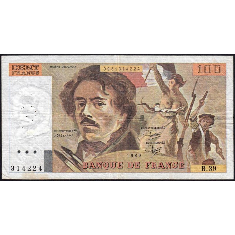 F 69-04b - 1980 - 100 francs - Delacroix - Série B.39 - Etat : TB