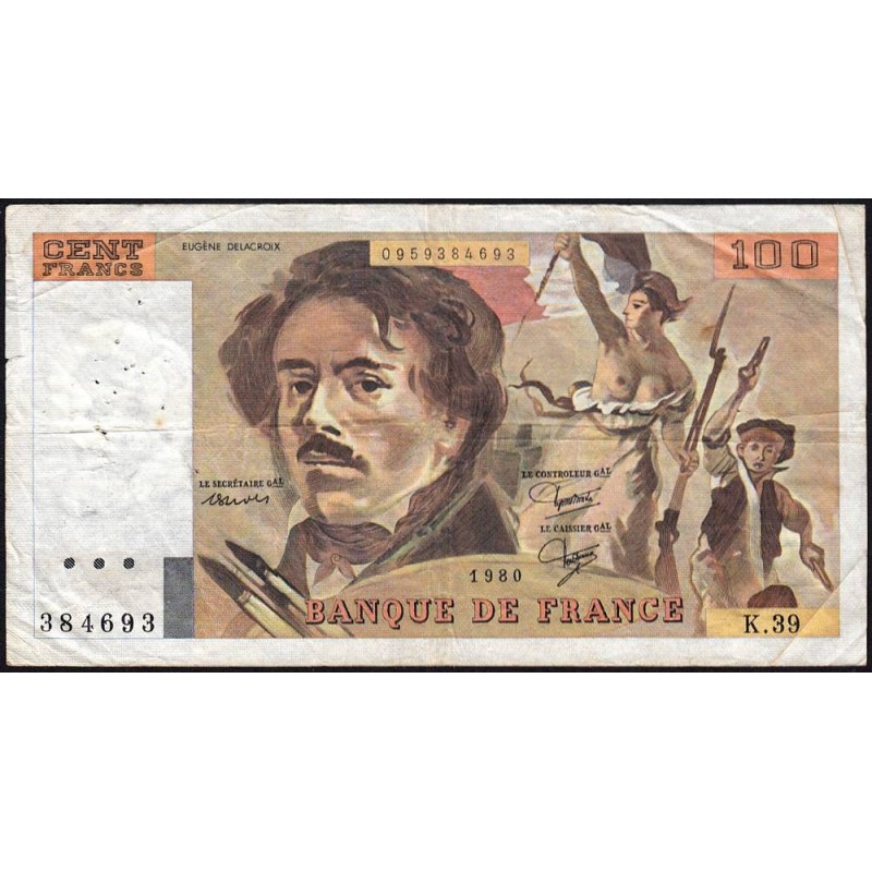 F 69-04b - 1980 - 100 francs - Delacroix - Série K.39 - Etat : TB-