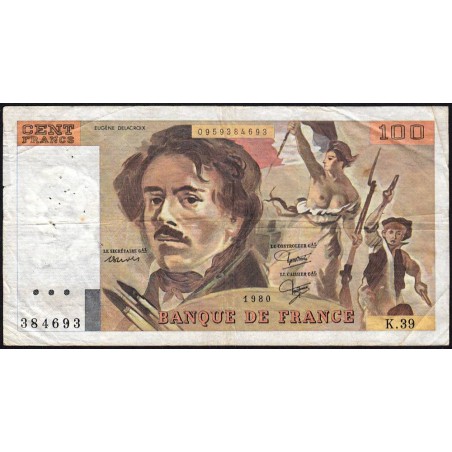 F 69-04b - 1980 - 100 francs - Delacroix - Série K.39 - Etat : TB-