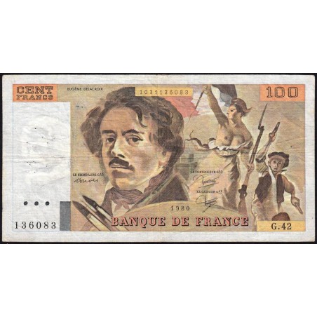 F 69-04b - 1980 - 100 francs - Delacroix - Série G.42 - Etat : TB-