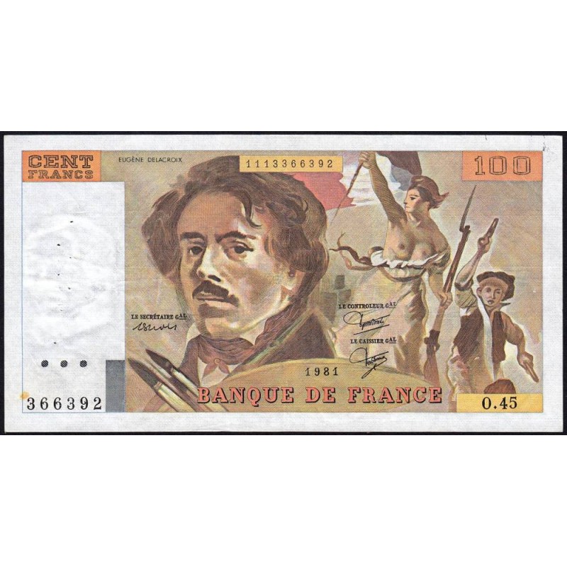 F 69-05 - 1980 - 100 francs - Delacroix - Série O.45 - Etat : TTB
