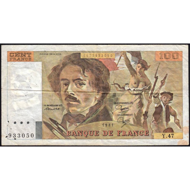 F 69-05 - 1980 - 100 francs - Delacroix - Série Y.47 - Etat : TB-